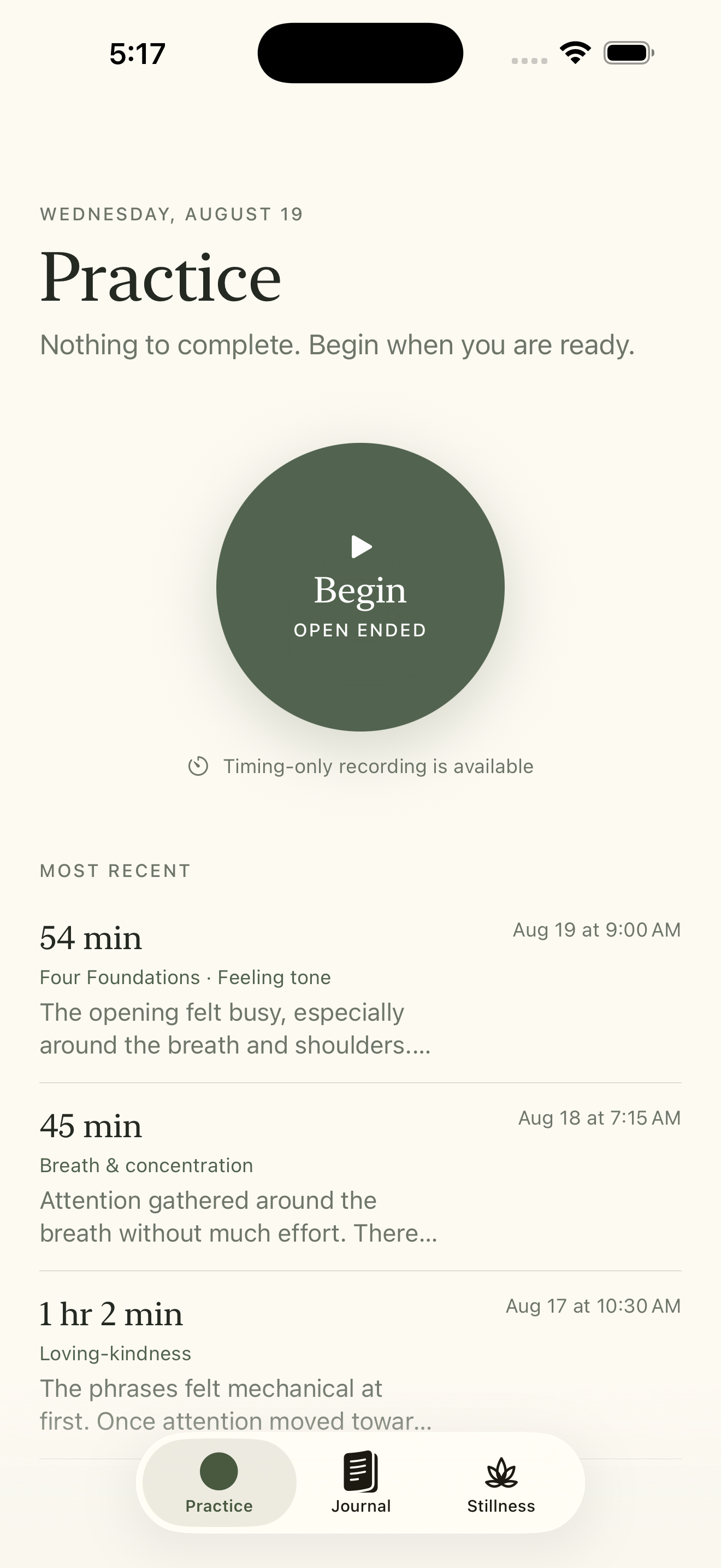Nisala practice screen with a Begin button and recent meditation sessions
