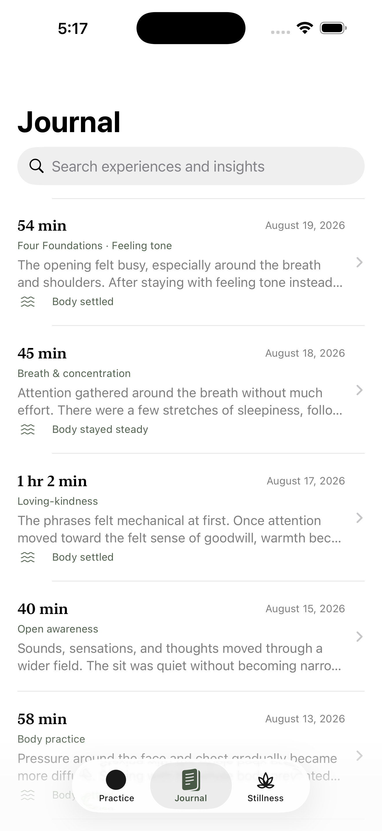 Nisala journal showing meditation sessions and practice types