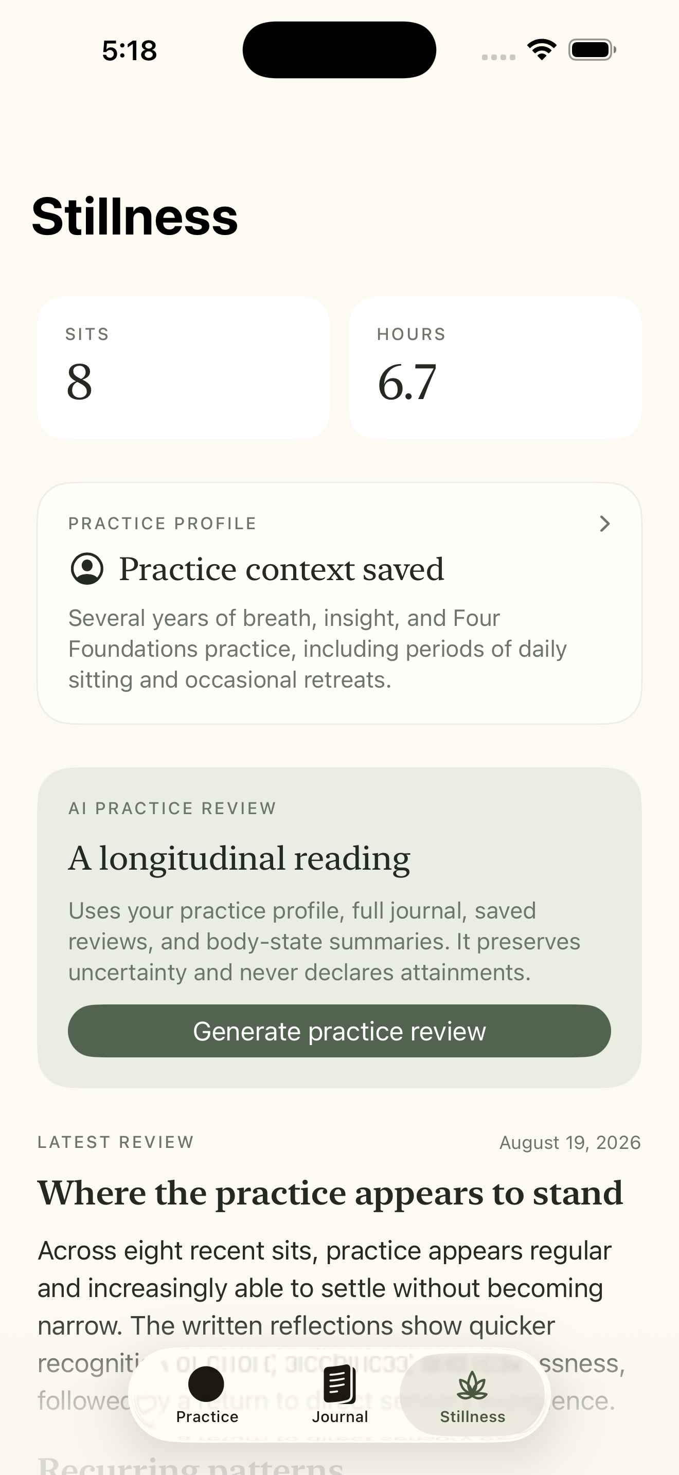 Nisala Stillness screen with a formatted longitudinal practice review